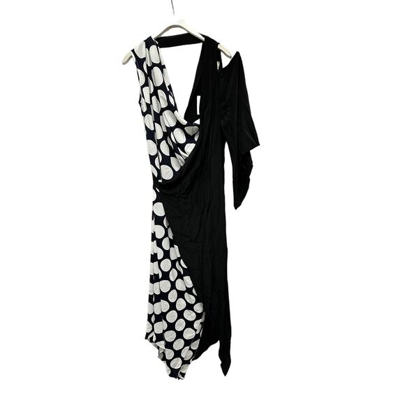 Awake A.W.A.K.E. V-Neck Draped One-Sleeve Asymmetric Polka-Dot Dress - Picture 2 of 15